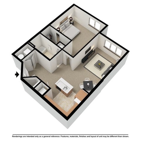 Floor plan for 1 bed, 1 bath, 849 sqft